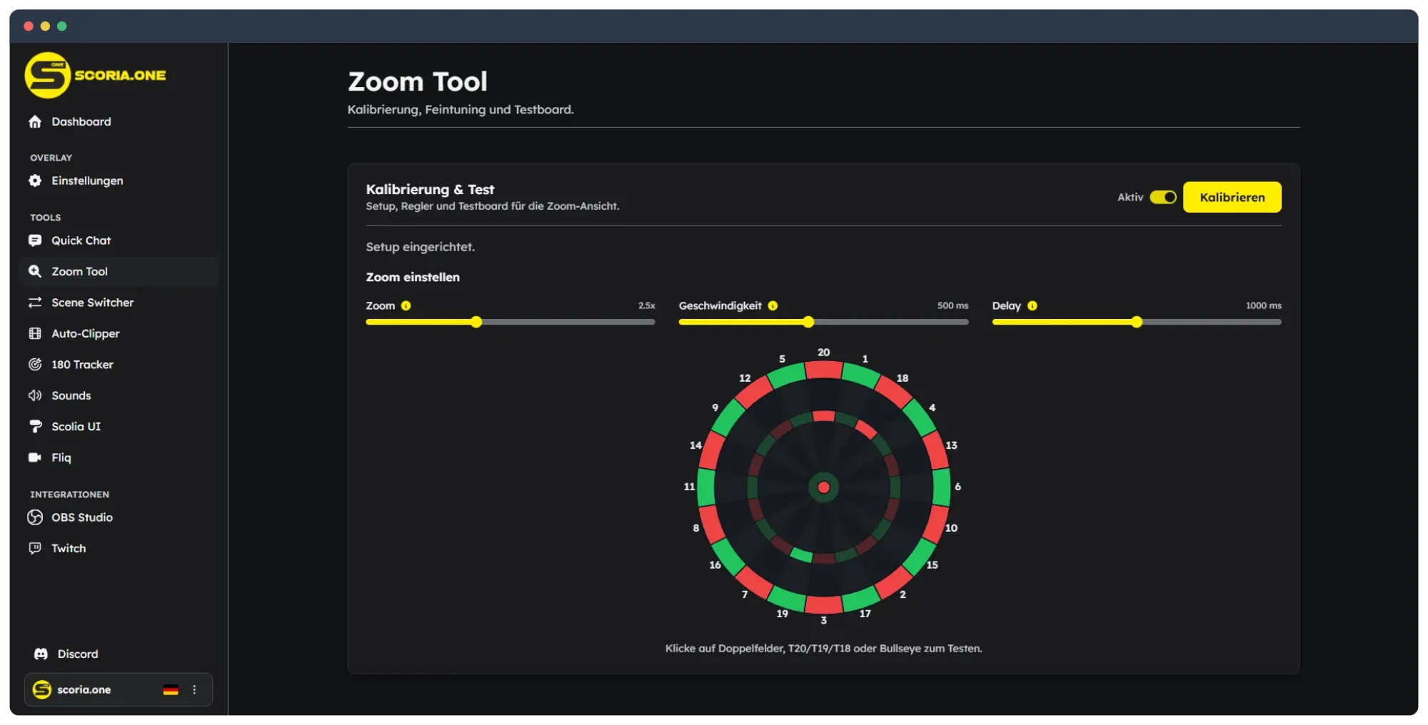 scoria.one Chrome-Extension mit geöffnetem Zoom-Tool und Dartboard-Kalibrierung